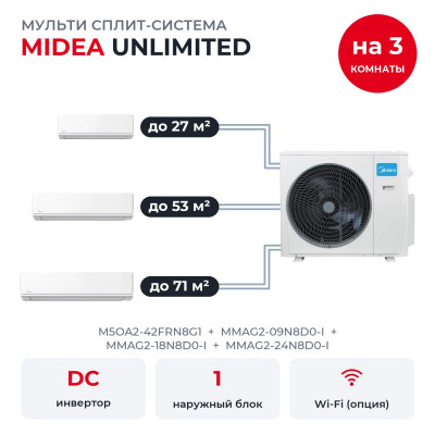 Купить Мульти сплит-системы на 3 комнаты - Midea M5OA2-42FRN8G1/MMAG2-09N8D0-I/MMAG2-18N8D0-I/MMAG2-24N8D0-I по низкой цене у официального дилера Мульти сплит-системы на 3 комнаты - Midea M5OA2-42FRN8G1/MMAG2-09N8D0-I/MMAG2-18N8D0-I/MMAG2-24N8D0-I