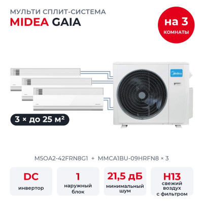 Купить Мульти сплит-системы на 3 комнаты - Midea M5OA2-42FRN8G1/MMCA1BU-09HRFN8x3 по низкой цене у официального дилера Мульти сплит-системы на 3 комнаты - Midea M5OA2-42FRN8G1/MMCA1BU-09HRFN8x3