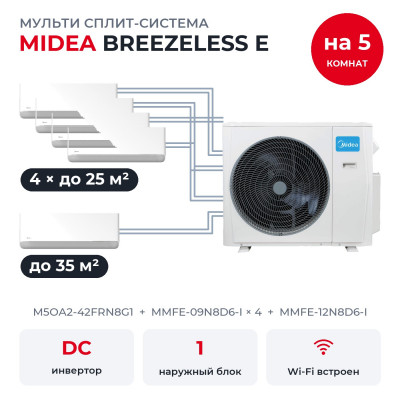 Мульти сплит-системы на 5 комнат - Midea M5OA2-42FRN8G1/MMFE-09N8D6-Ix4/MMFE-12N8D6-I