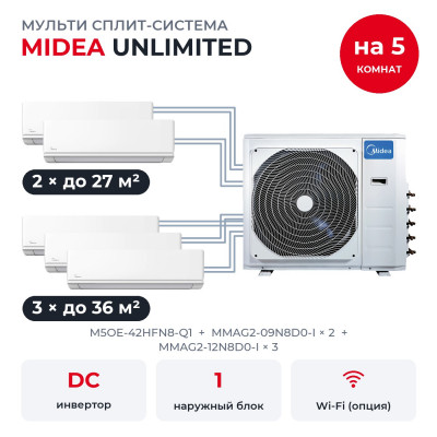 Мульти сплит-системы на 5 комнат - Midea M5OE-42HFN8-Q1/MMAG2-09N8D0-Ix2/MMAG2-12N8D0-Ix3