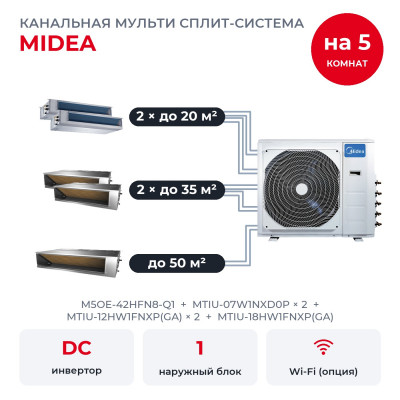 Мульти сплит-системы на 5 комнат - Midea M5OE-42HFN8-Q1/MTIU-07W1NXD0Px2/MTIU-12HW1FNXP(GA)x2/MTIU-18HW1FNXP(GA)