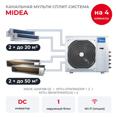 Готовые комплекты мульти сплит-систем - Midea M5OE-42HFN8-Q1/MTIU-07W1NXD0Px2/MTIU-18HW1FNXP(GA)x2