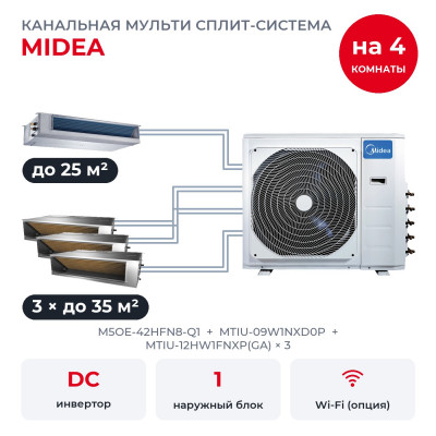 Готовые комплекты мульти сплит-систем - Midea M5OE-42HFN8-Q1/MTIU-09W1NXD0P/MTIU-12HW1FNXP(GA)x3