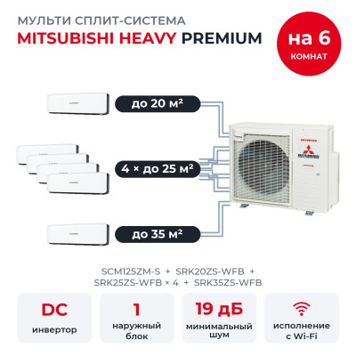 Мульти сплит-системы Mitsubishi Heavy на 6 комнат - Mitsubishi Heavy SCM125ZM-S/SRK20ZS-WFB/SRK25ZS-WFBx4/SRK35ZS-WFB