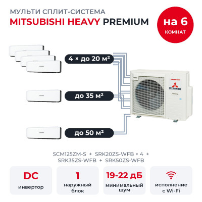 Мульти сплит-системы Mitsubishi Heavy на 6 комнат - Mitsubishi Heavy SCM125ZM-S/SRK20ZS-WFBx4/SRK35ZS-WFB/SRK50ZS-WFB