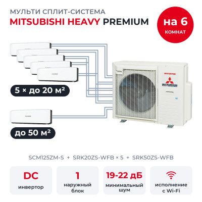 Мульти сплит-системы Mitsubishi Heavy на 6 комнат - Mitsubishi Heavy SCM125ZM-S/SRK20ZS-WFBx5/SRK50ZS-WFB