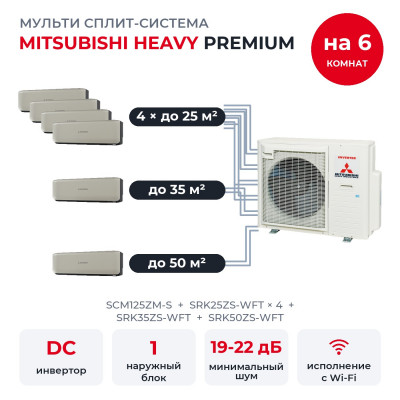 Купить Мульти сплит-системы на 6 комнат - Mitsubishi Heavy SCM125ZM-S/SRK25ZS-WFTx4/SRK35ZS-WFT/SRK50ZS-WFT по низкой цене у официального дилера Мульти сплит-системы на 6 комнат - Mitsubishi Heavy SCM125ZM-S/SRK25ZS-WFTx4/SRK35ZS-WFT/SRK50ZS-WFT